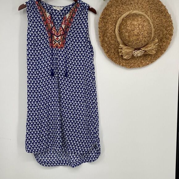 Beach lunch lounge Cover-Up Slip Dress Embroidered V-Neck Tassel  Blue White Mul - Picture 2 of 13